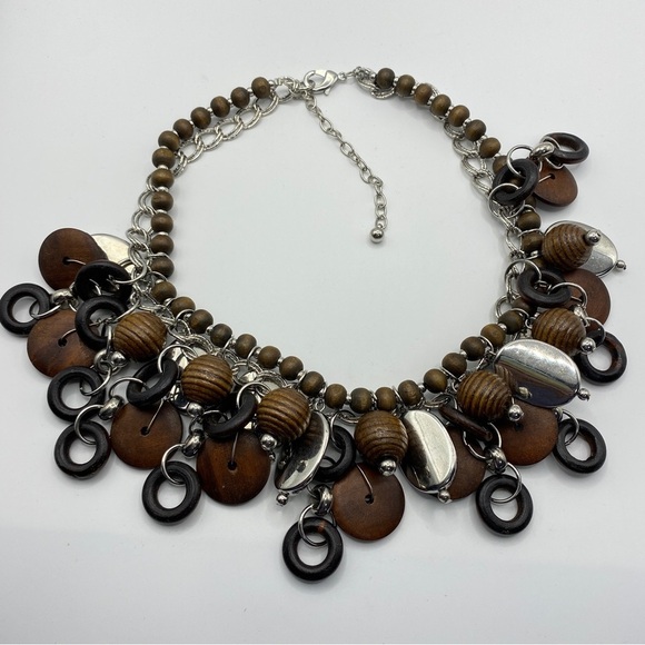 Wood Beads Silver Tone Boho Statement Necklace - Picture 4 of 8